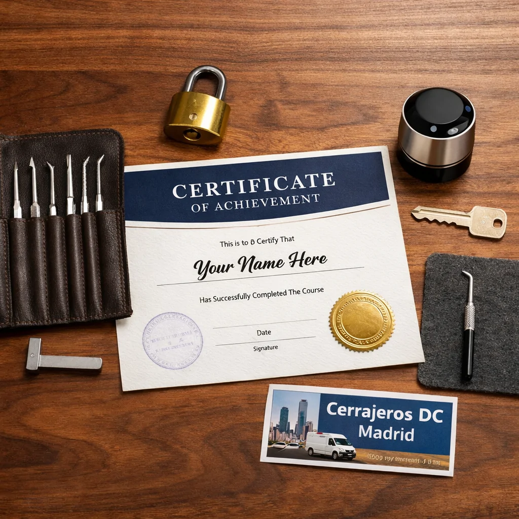 Certificado blanco con sello dorado sobre un banco de madera, junto a herramientas de cerrajería en Madrid. Cuales son los servicios de apertura de puertas mas eficaces en Madrid. Certificado blanco con sello dorado sobre un banco de madera, junto a herramientas de cerrajería en Madrid. Cuales son los servicios de apertura de puertas mas eficaces en Madrid.
