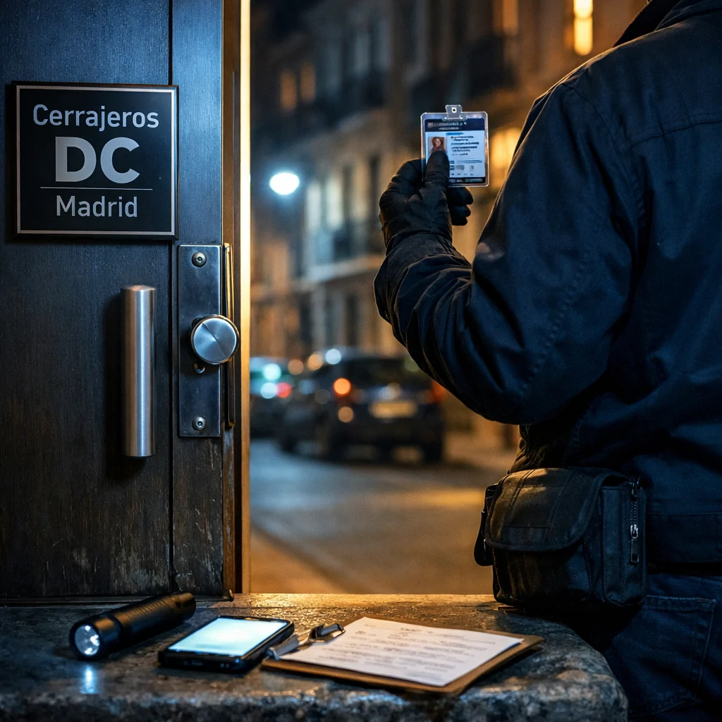 Técnico nocturno ante puerta; Donde contratar un servicio 24 horas de apertura de puertas en Madrid Técnico nocturno ante puerta; Donde contratar un servicio 24 horas de apertura de puertas en Madrid