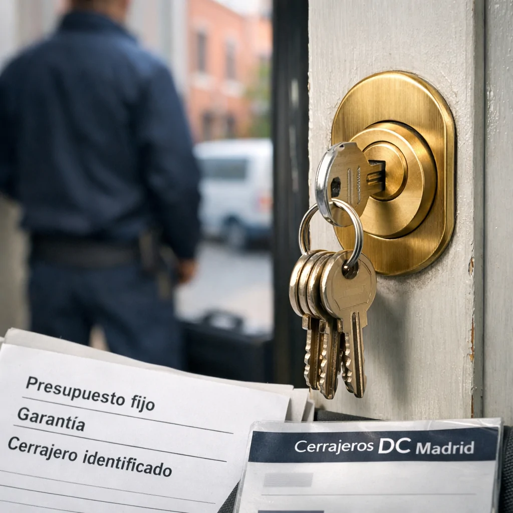 Cerradura de seguridad en Madrid con llave y garantía; técnico de espaldas. Mejor cerrajero urgente para cambio de cerraduras en Madrid cual elegir