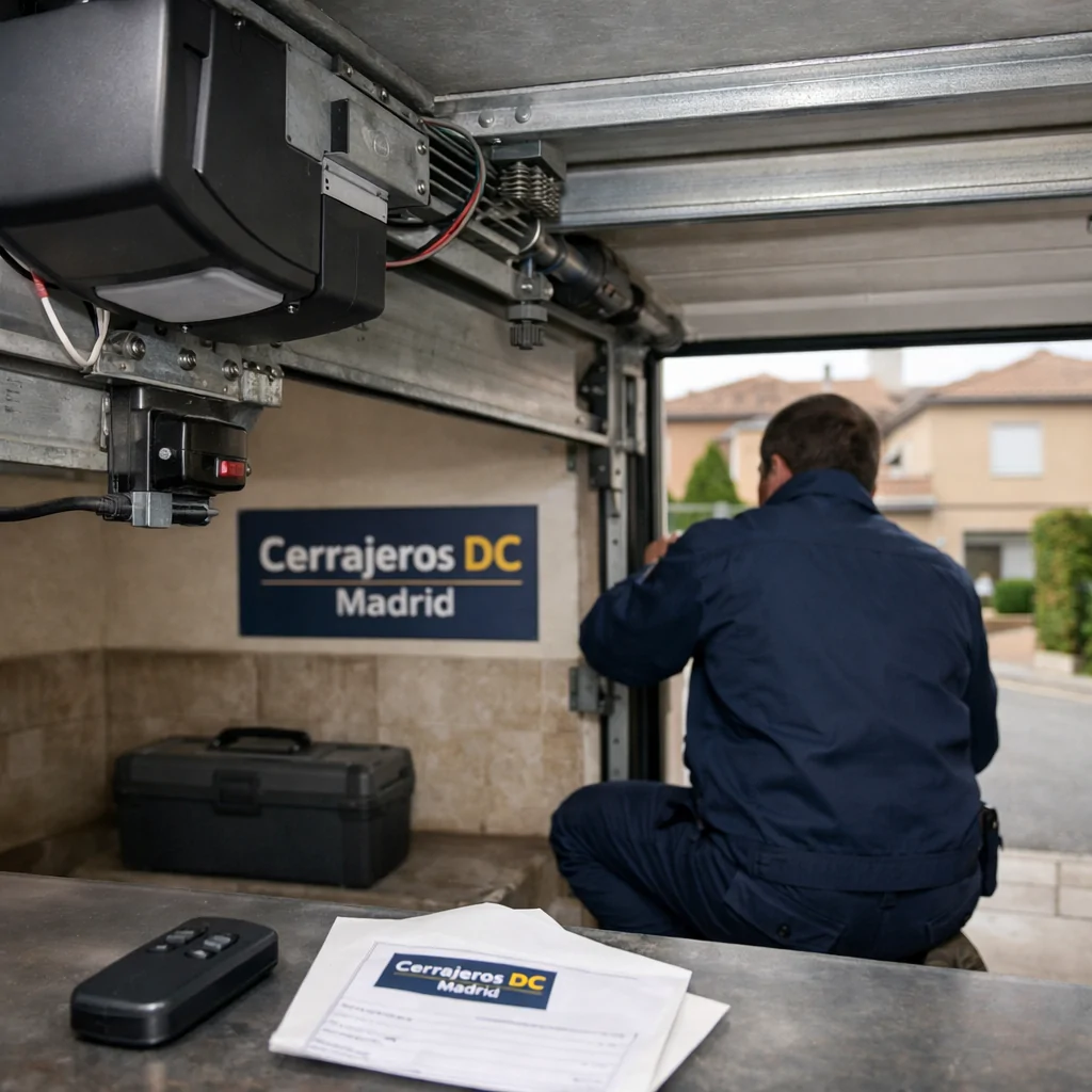 Técnico inspecciona una puerta de garaje abierta en Madrid; ¿Cuales son los servicios mas efectivos de reparacion de puertas de garaje en Madrid?