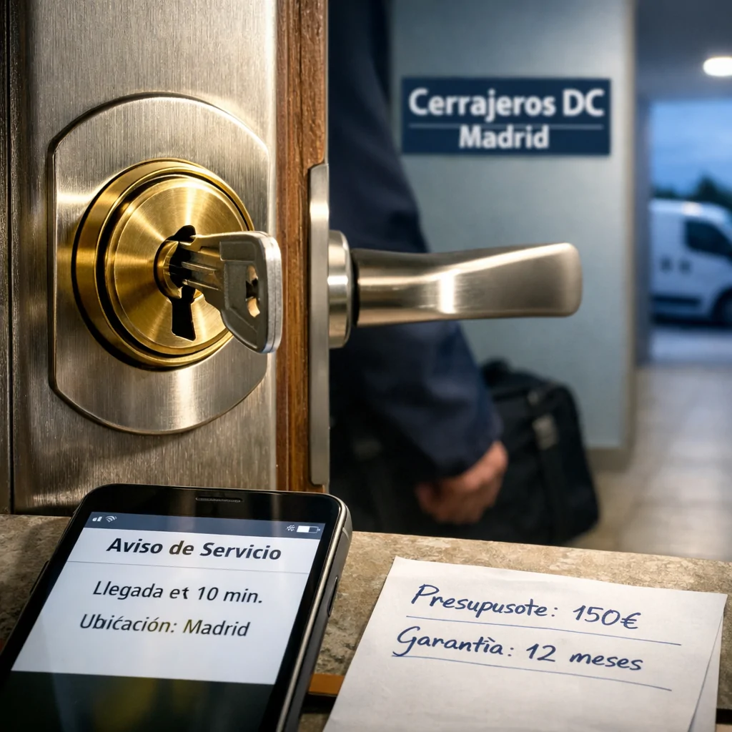 Cerradura de latón instalada en puerta de Madrid, móvil con aviso de llegada; Contratar un servicio de cambio de cerraduras en Madrid donde es mas rápido