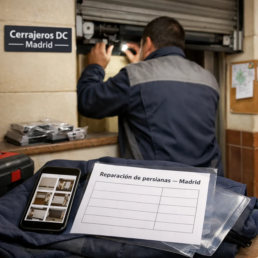 Técnico revisa una persiana en Madrid; smartphone y comparativa: Que empresas ofrecen los servicios mas rapidos de reparacion de persianas en Madrid